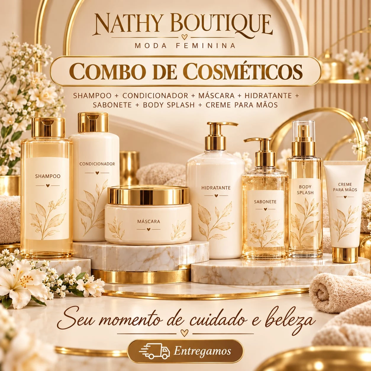 Combo de cosméticos para cuidados com pele e cabelos