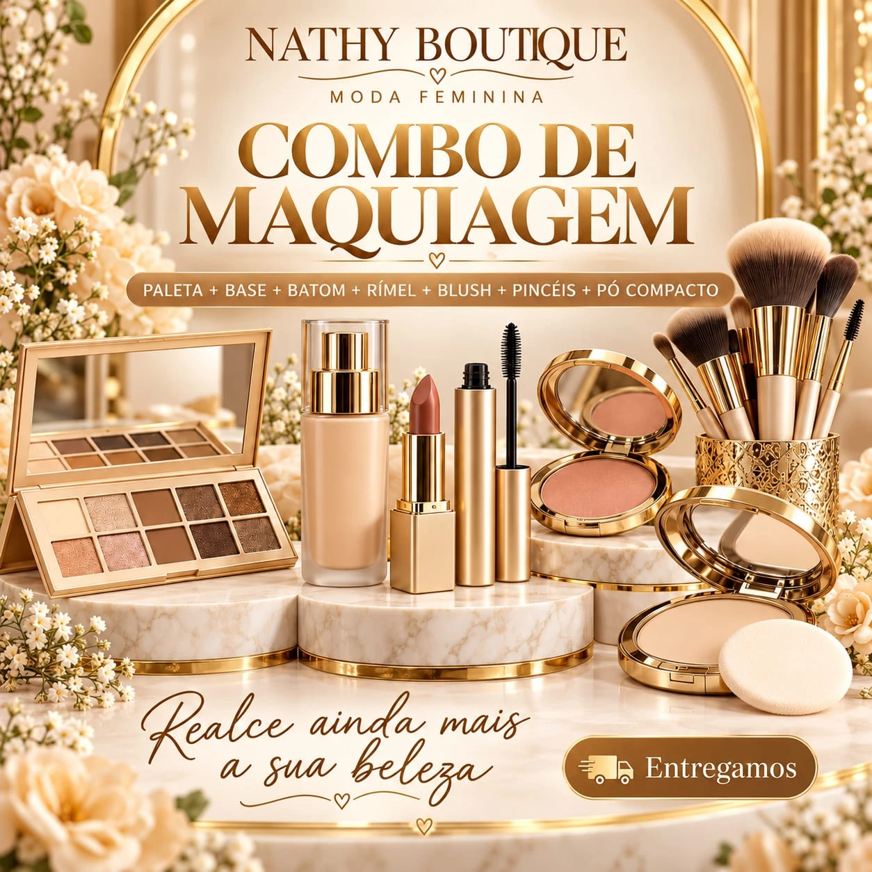 Combo de maquiagem com paleta, base, batom, rímel, blush e pincéis