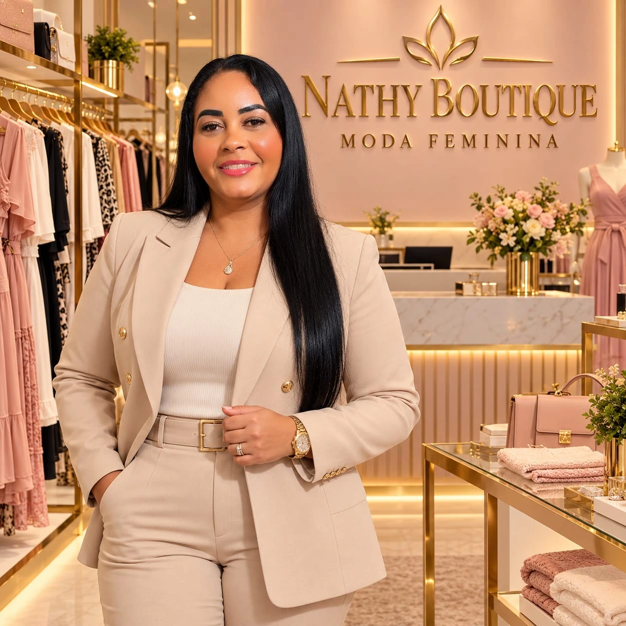 Nathy, proprietária da Nathy Boutique, na loja