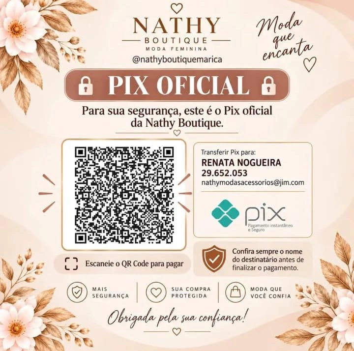 Arte enviada pela Nathy Boutique com dados do Pix e QR Code de pagamento